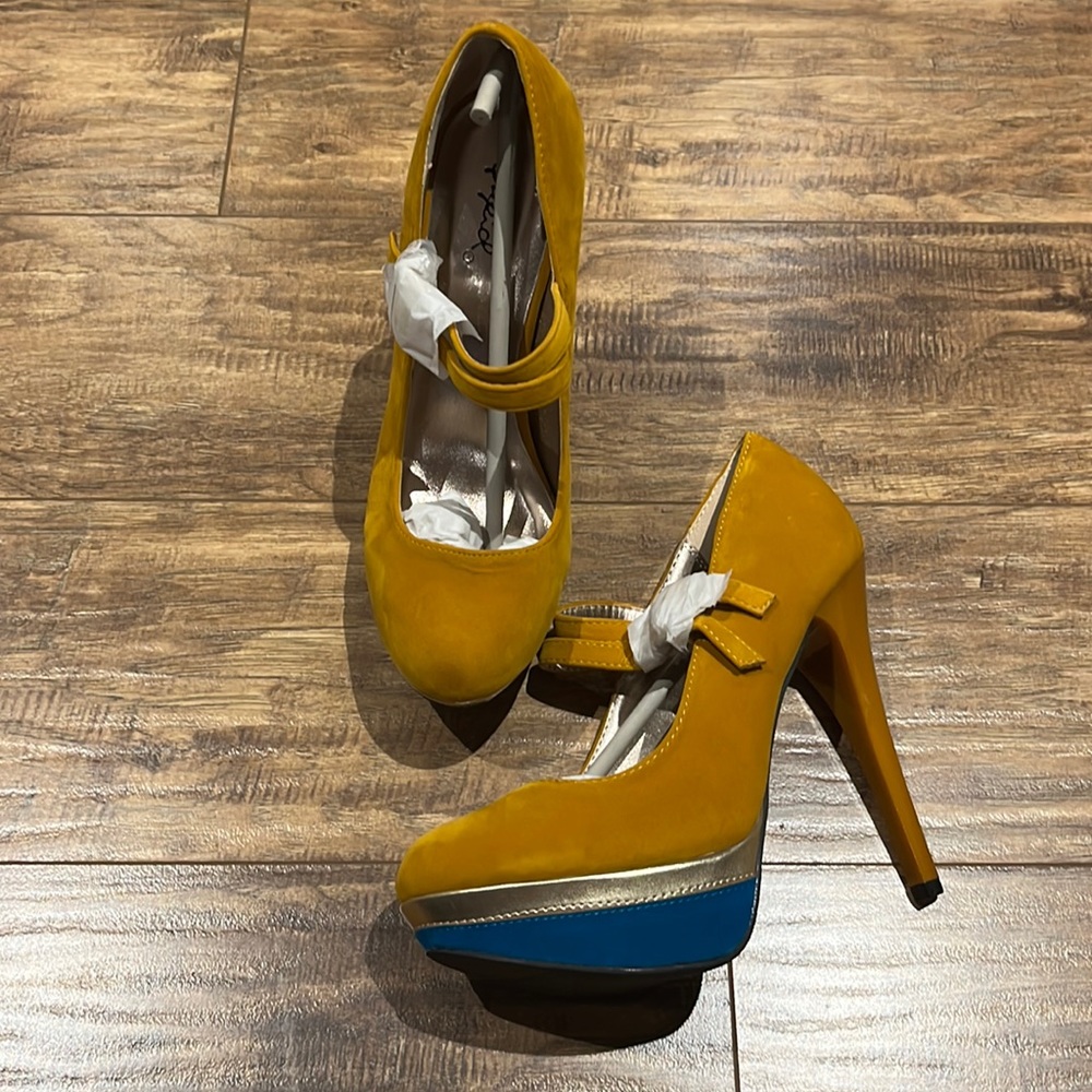 High platform stiletto heels velvety yellow gold and blue shoes by Qupid